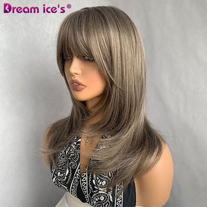 Pelucas de Cabello Natural Liso y Ondulado de Dream Ice, Venta al por Mayor de Fábrica, Color Marrón Miel con Flequillo, Cortas, Marrón Mixto Rubio, Cabello Sintético - Product Image 3