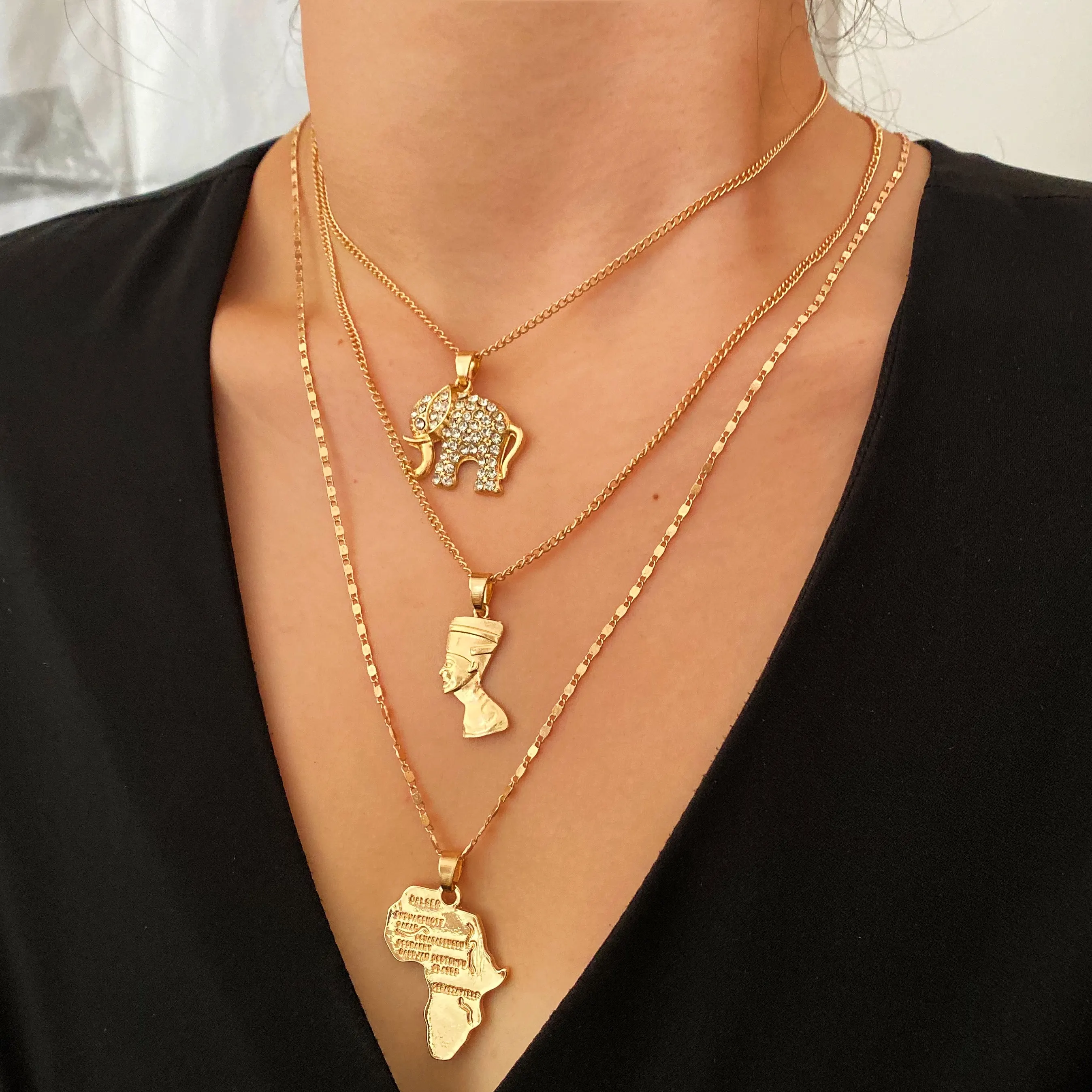 Pharao Kristall Elefant 3 Schicht Halskette Kragen Gold Frauen Schmuck mit afrikanischer Karte
