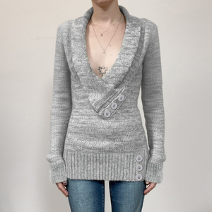 Suéter de Punto para Mujer, Estilo Vintage, Cuello Chal, Escote Profundo en V, Ajustado, Largo Medio - Product Image 1
