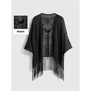 Women's Goth Tassel <b>Kimono</b> Boho Fringe Sheer Mesh Batwing Sleeve Asymmetric Cover Up Swimwear Poncho Cardigan Top - Product Image 3