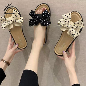 Pantoufles d'été à nœud pour femmes 2022, chaussures à pois, sandales de plage, à fleurs, pantoufles plates - Product Image 1
