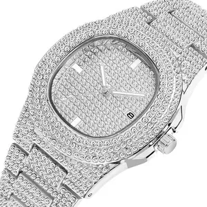 HIP HOP Top Brand Luxury Iced Out Male Calender Silver Fake Diamond Quartz Watch For Men