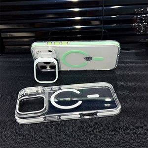 Étui de téléphone magnétique personnalisable avec support d'objectif en métal et logo, pour iPhone 16 15 14 13 12 17 Pro Max 11, coque transparente en PC anti-jaunissement - Product Image 2