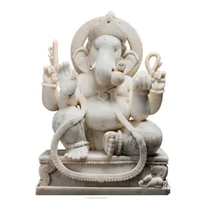 Изготовленная на заказ на открытом воздухе высокого качества с украшением в виде яркого белого мрамора Индийский Бог Ганеша статуя NTMS-038Y