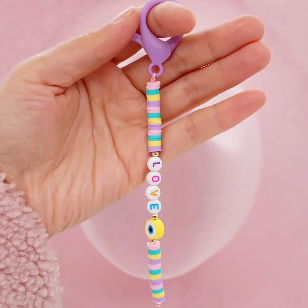 Go2BoHo Cute Handmade Colorful Clay Beaded Key Ring Fashion Jewelry Quality Wholesale Smiley Key Chain for Women Gift