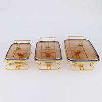 QY 1.5L 2L 3L Réchaud de buffet rectangulaire en verre avec cadre en acier inoxydable doré pour la restauration hôtelière