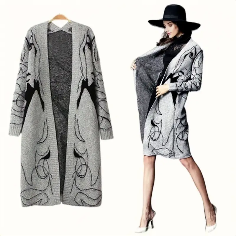 Women Fashion Print Cardigan Coat Autumn Winter Mid Length Knitwear Casual Elegant Lady Loose Sweater Coat