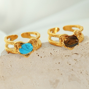 European American Style Retro Heart Shape <b>Titanium</b> Steel Open <b>Ring</b> With Tiger Eye Turquoise Niche Design Unisex Gift Jewelry - Product Image 4