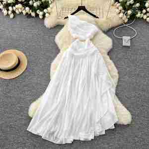 Vestido Midi Casual de Chifón Sólido con Hombro Descubierto, Asimétrico, Delgado, Lavable, Transpirable y Ecológico para Mujer - Product Image 1
