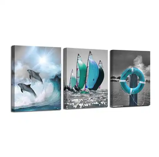 Canvas Wall Art Ocean Teal Blue Dolphin Painting Sailboat Pictures Modern Seascape Landscape Artwork