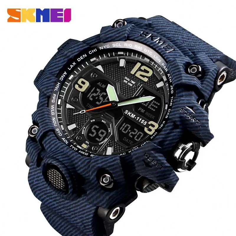 SKMEI 1155B wholesale blue men clock max price Silicone strap dual time Chronograph Simple sports wrist watch