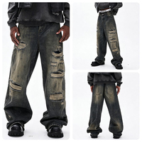 Nouveau jean en denim délavé noir et gris, coupe ample et droite, style vintage, pour homme, tendance américaine, avec design à trous factices, tissu de haute qualité