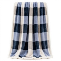 Plaid de luxe réversible en flanelle à carreaux bleu marine et sherpa, double couche, épais, imprimé, chaud, couverture de lit d'hiver haut de gamme