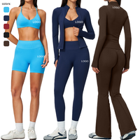 Celana Yoga Logo Kustom Tanpa Jahitan Pakaian Olahraga Wanita Celana Pendek Spandex Set Jaket Yoga Celana Flare Wanita Sport Bra Jaket Yoga