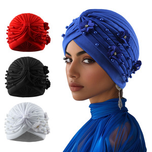 Donne europee e americane stile etnico <span class=keywords><strong>tre</strong></span> fiori foulard <span class=keywords><strong>cappello</strong></span> con perline abbellimento sul lato fiore foulard <span class=keywords><strong>cappello</strong></span> - Product Image 1