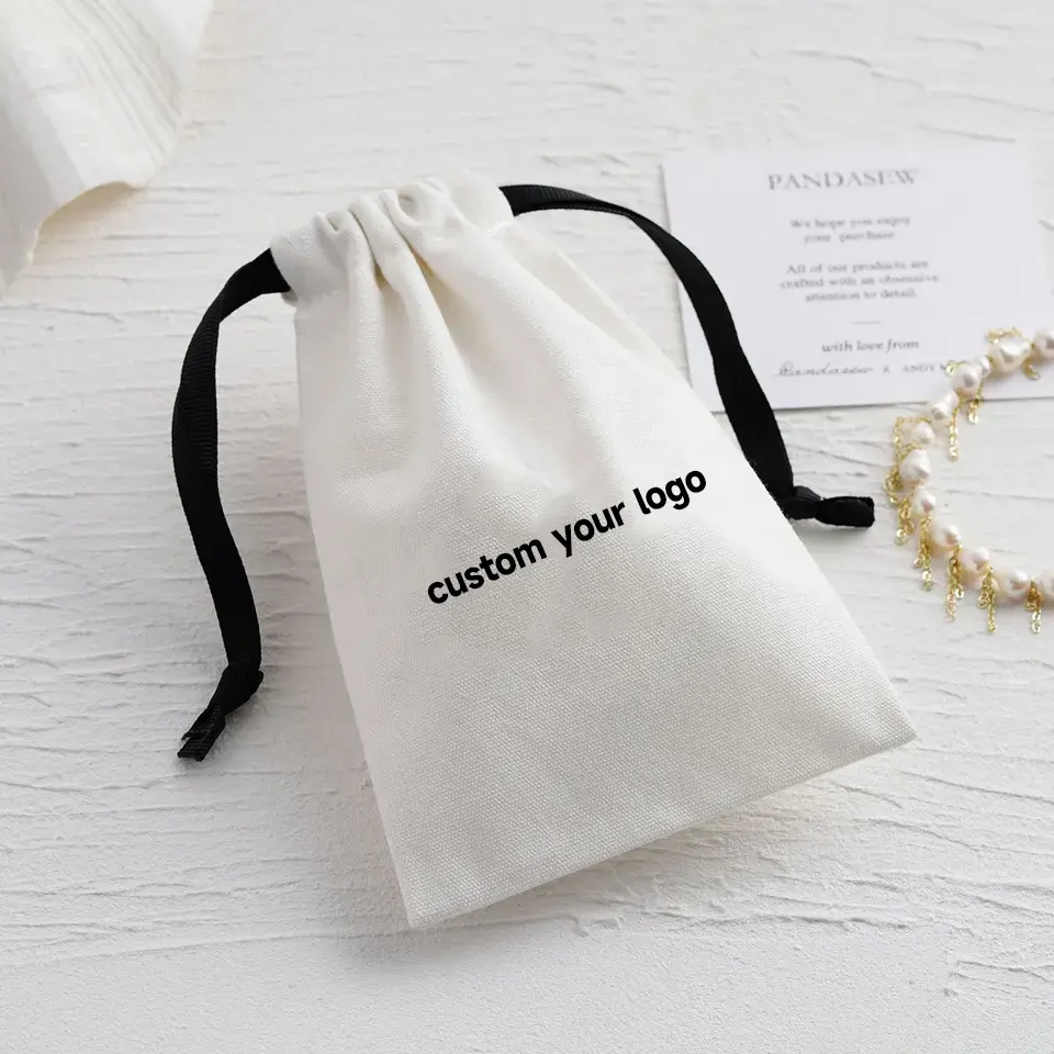 100 Pieces Canvas Cotton Dust Bag Custom Logo Jewelry Packaging Drawstring Pouch With Ribbon Dusty Bag Gift Bag
