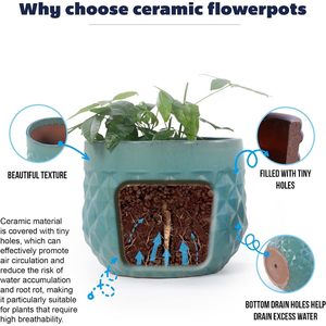 Pots de fleurs Mdj en céramique, 9, 11, 14 pouces, couleur turquoise, texture diamantée, trou de drainage, émaillés, pour usage domestique - Product Image 5