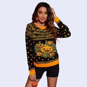 OEM Sweater Halloween Wanita, Sweater Wanita Rajut Warna Hitam Oranye Labu Halloween Kontras