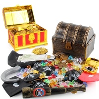 Coffret de trésors de pirate en or, argent et bronze, avec pièces de monnaie et pierres précieuses en plastique, pour enfants, idéal pour les fêtes d'anniversaire, d'Halloween et de Noël