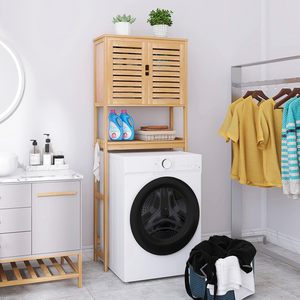 Armoire de rangement pour salle de bain naturelle au-dessus des toilettes Organisateur d'armoire en bambou à 2 portes Support de toilette autoportant économiseur d'espace - Product Image 3