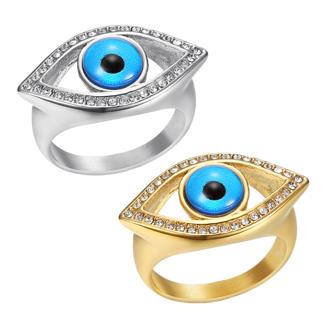 Best-Selling Men's Stainless Steel Ring Trendy Gold-Plated Eye Hip-Hop Blue Turquoise
