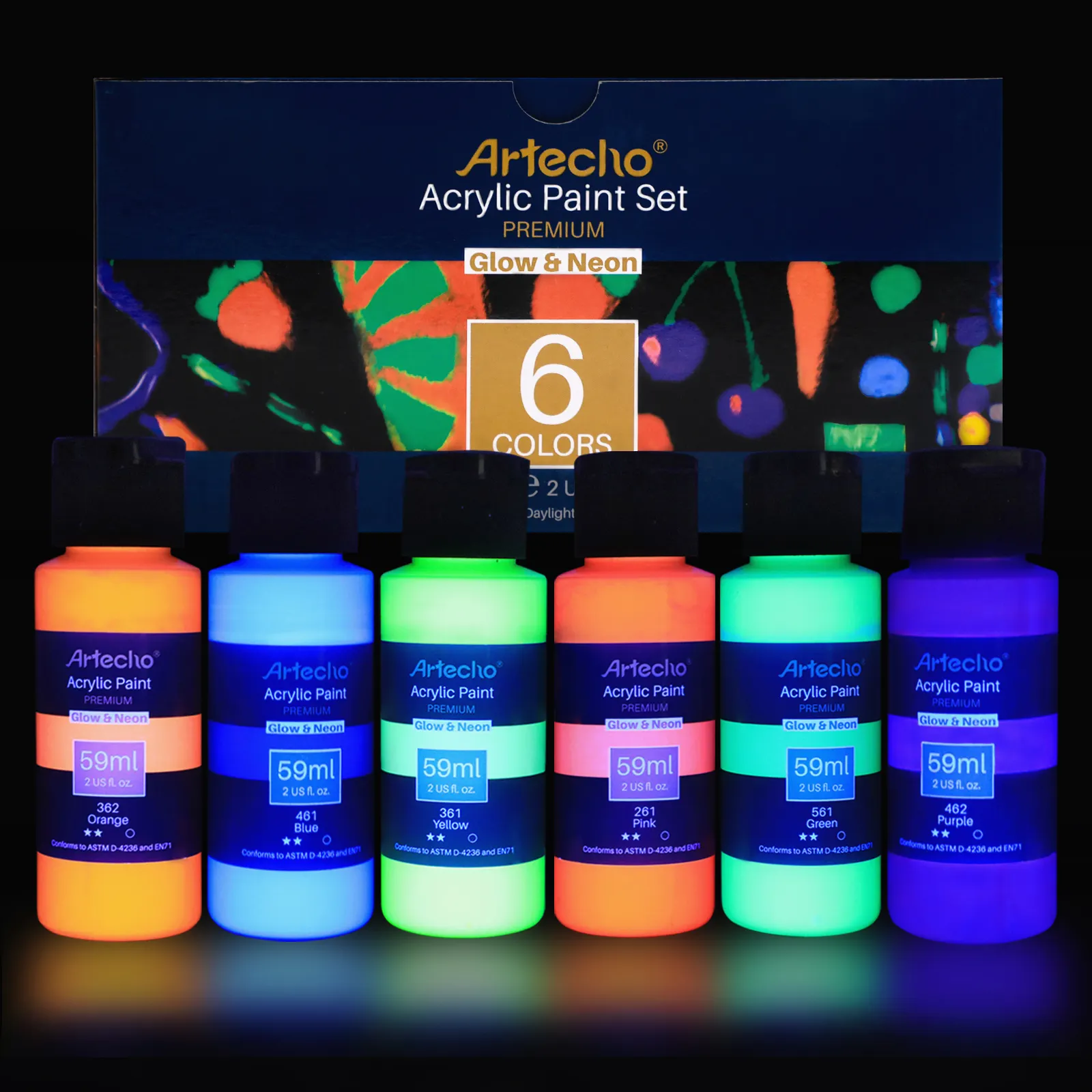 Artecho Set di 6 vernici acriliche al Neon bagliore nella vernice scura, 2 once/59ml di vernice per pittura artistica, decorare e molte superfici