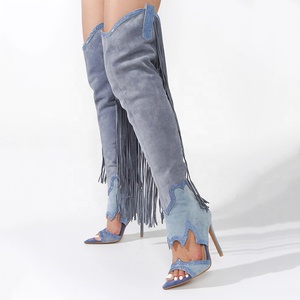 Botas largas de verano para mujer con borlas, tacón de aguja, punta abierta, diamantes, patchwork y cremallera lateral - Product Image 4