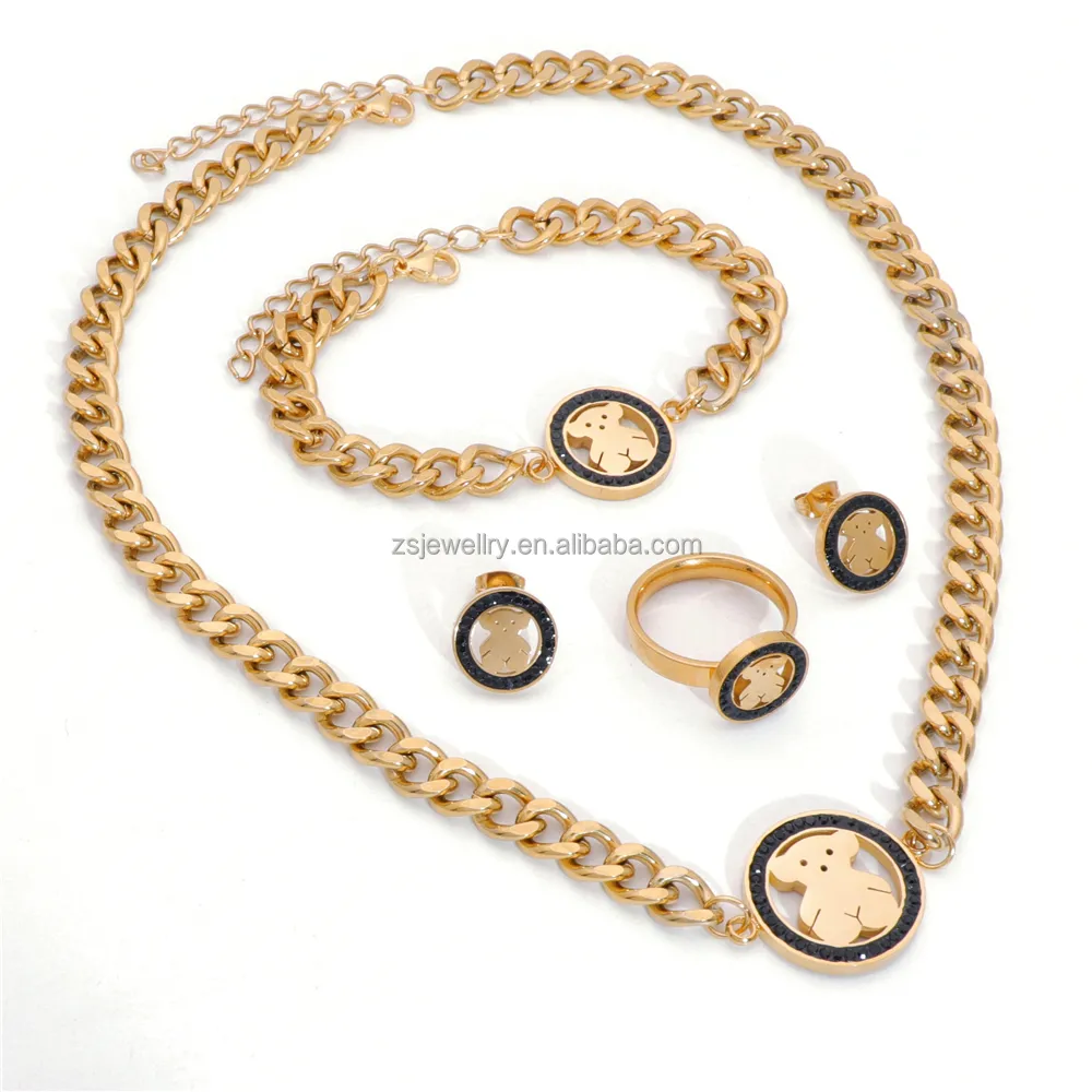 Stainless Steel Black Stone Brand Custom 18K 22K Gold Plated Women Indian Big Bead Cubic Zirconia Jewelry Set Bridal