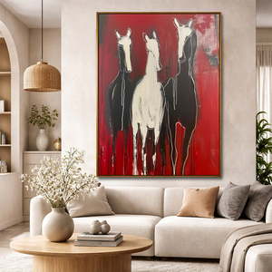 Peintures abstraites modernes faites à la main de chevaux rouges, art mural animalier <span class=keywords><strong>noir</strong></span> et <span class=keywords><strong>blanc</strong></span> sur toile, décoration intérieure avec support en acrylique - Product Image 3
