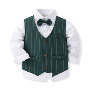 Conjunto de traje verde para <span class=keywords><strong>niño</strong></span> de tres colores, conjuntos de ropa para <span class=keywords><strong>niño</strong></span> pequeño, camisa de vestir Formal, chaleco a rayas, pantalones, trajes de Navidad para caballero de bebé - Product Image 4