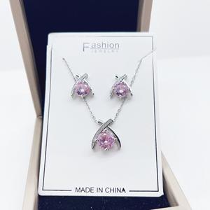 Conjunto de pendientes y collar de cobre con microincrustaciones de moda rosa de lujo ligero elegante estilo de elemento exquisito de circón completo - Product Image 4