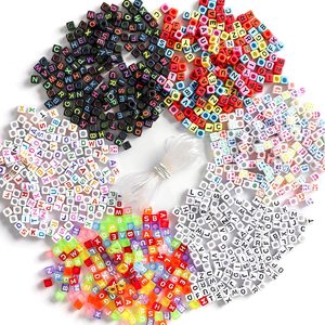 1200 pcs 5 Color Acrylic Alphabet Cube Beads Letter Beads with 1 Roll 50m Crystal String Cord for Jewelry Making