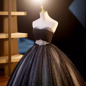 Strapless Evening Gown Black Ball Gown Organza Natural Waistline Elegant For Banquets Parties Hostess Art Exams - Product Image 4