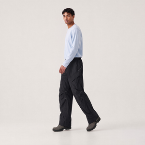 Black <b>Wide</b> <b>Leg</b> <b>Cargo</b> Pants 100% nylon Loose Fit Casual Trousers Waist Multi Pocket Streetwear - Product Image 3