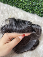 Rambut Asli India 100% Remy, Gelombang Alami Lembut, French Lace, Kepadatan Sedang, HD Toupee Topper Pria