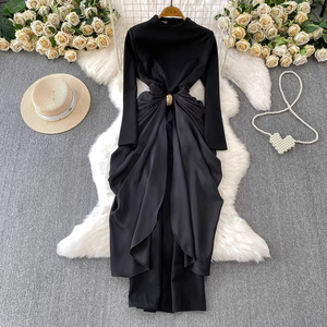 GX912 Abito Lungo Elegante da Donna di Alta Qualità, Vestito da Sera a Maniche Lunghe con Scollo a O e Design Unico Incrociato, Ideale per Feste e Streetwear - Product Image 6