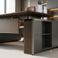Bureau de direction moderne de luxe Aomige avec plateau en bois, panneau LED, chaise en cuir, bibliothèque, mobilier commercial pour PDG et managers