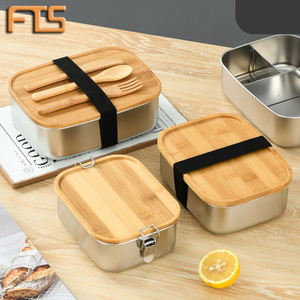 FTS Lunch Box Metal Storage Box Freezer With Bamboo Lid Rectangular Custom 304 Stainless Steel Airtight Food Container