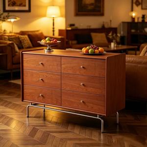 Premium Curved Edge Solid Wood 6 <b>Drawer</b> Dresser Large Storage Mid Century Modern Sideboard Vintage <b>Walnut</b> Cabinet With Metal Leg - Product Image 5