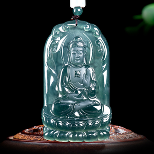 Pendentif en jade véritable naturel bleu eau Amitabha pour les signes du zodiaque chien et cochon, divinité protectrice, charme bouddhiste pour l'âme sœur - Product Image 2