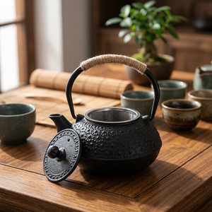 Théière en métal traditionnelle chinoise avec couvercle et poignée, design texturé noir - Product Image 2