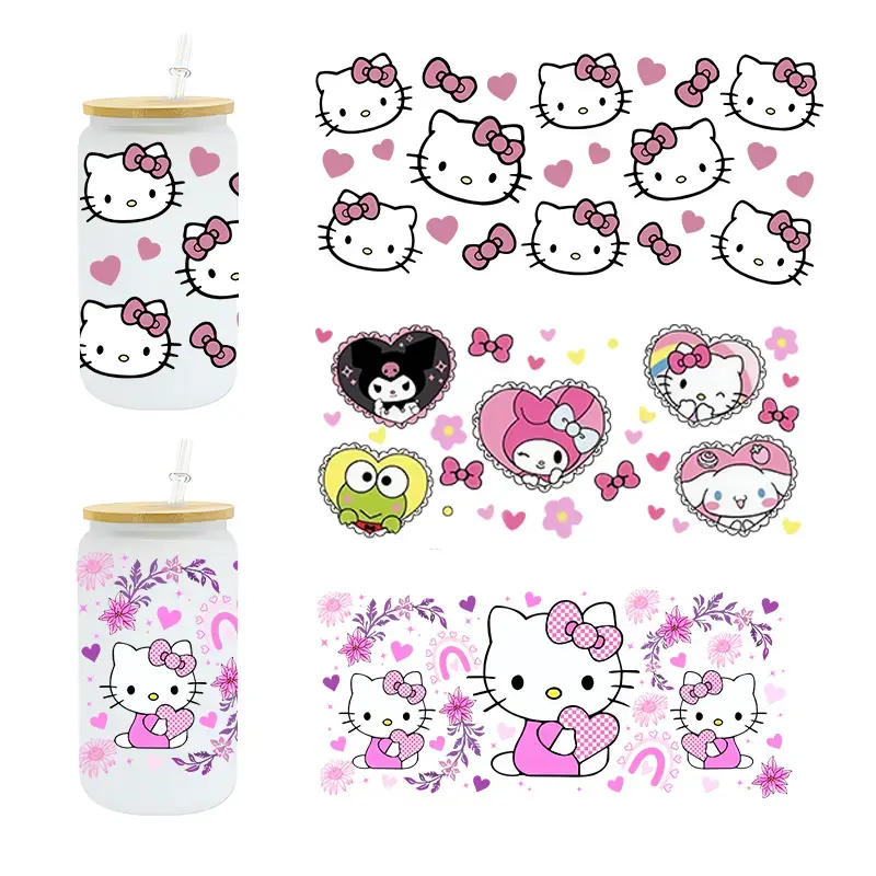 Lata de vidro Uvdtf Libbey de alta qualidade envoltório de transferência bonito dos desenhos animados Kawaii Dia dos Namorados Olá Gato Gatinhos 16oz Uv Dtf Cup envoltórios