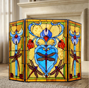 Stained Glass Fireplace <b>Screen</b> 3 Panels Floral Design Traditional Decor Blue Color Rectangle Shape Artistic Decoration 110*70CM - Product Image 1