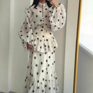 Robe élégante pour femme, style vintage, col montant, manches bouffantes, coupe trapèze, à pois, prix compétitif - Product Image 3