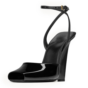New Styles Women Open Square Toe High Wedge <b>Heels</b> Ankle Strap Peep Toe Sandals Dress Bright Patent Leopard Shoes - Product Image 4