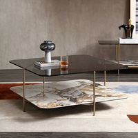 Table basse carrée moderne de luxe à double plateau, plateau en pierre frittée, base en acier inoxydable couleur dorée, mobilier de salon pour la maison