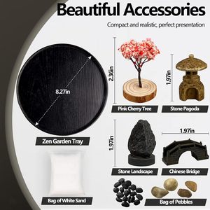 Kit de <span class=keywords><strong>jardin</strong></span> zen japonais en résine, religieux bouddhiste, grand plateau rond de 8 pouces avec 6 accessoires de broussailles et mini plateau de rangement, décoration de bureau faite à la main - Product Image 2