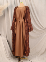 Ensemble Abaya à sequins et dentelle, ouvert sur le devant, deux pièces avec robe longue intérieure en satin, tenue élégante et modeste pour femmes musulmanes au quotidien