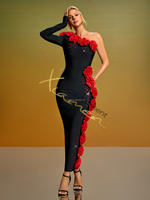 Robes de Soirée Ocstrade pour Femme avec Fleurs 3D, Robe Bandage Épaule Unique, Robe Fourreau Longueur Ras du Sol Noire pour Fête
