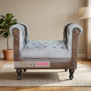 Sofá de un asiento estilo Diwaan vintage, artesanía Jangid, de madera, cuero y tela, hecho a mano, duradero, ecológico, para el hogar, hotel, sala de estar - Product Image 1